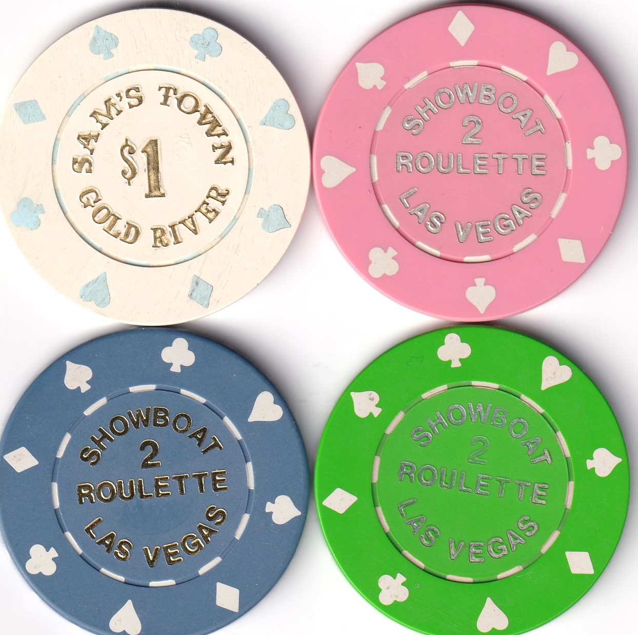Showboat Casino and Sam's Town Gold River Assorted Roulette Lot of 4 Chips