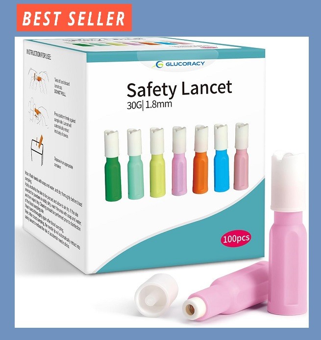 100 Ct Safety Lancets 30 Gauge 1.8mm Top Push Button Activated Glucose Testing