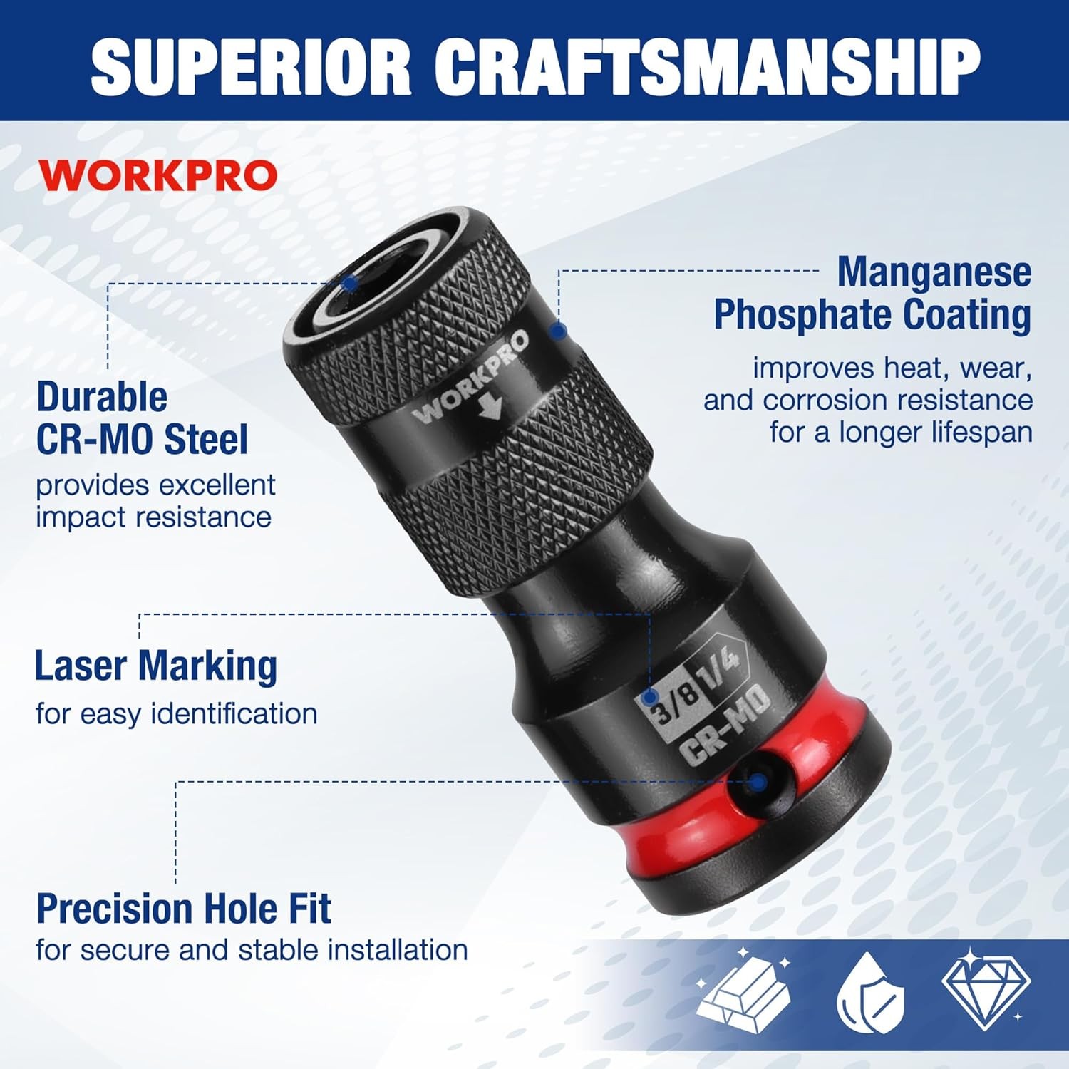 WORKPRO 1/2" 3/8" 1/4inch Quick Release Hex Impact Socket Adapter Bit Holder Set