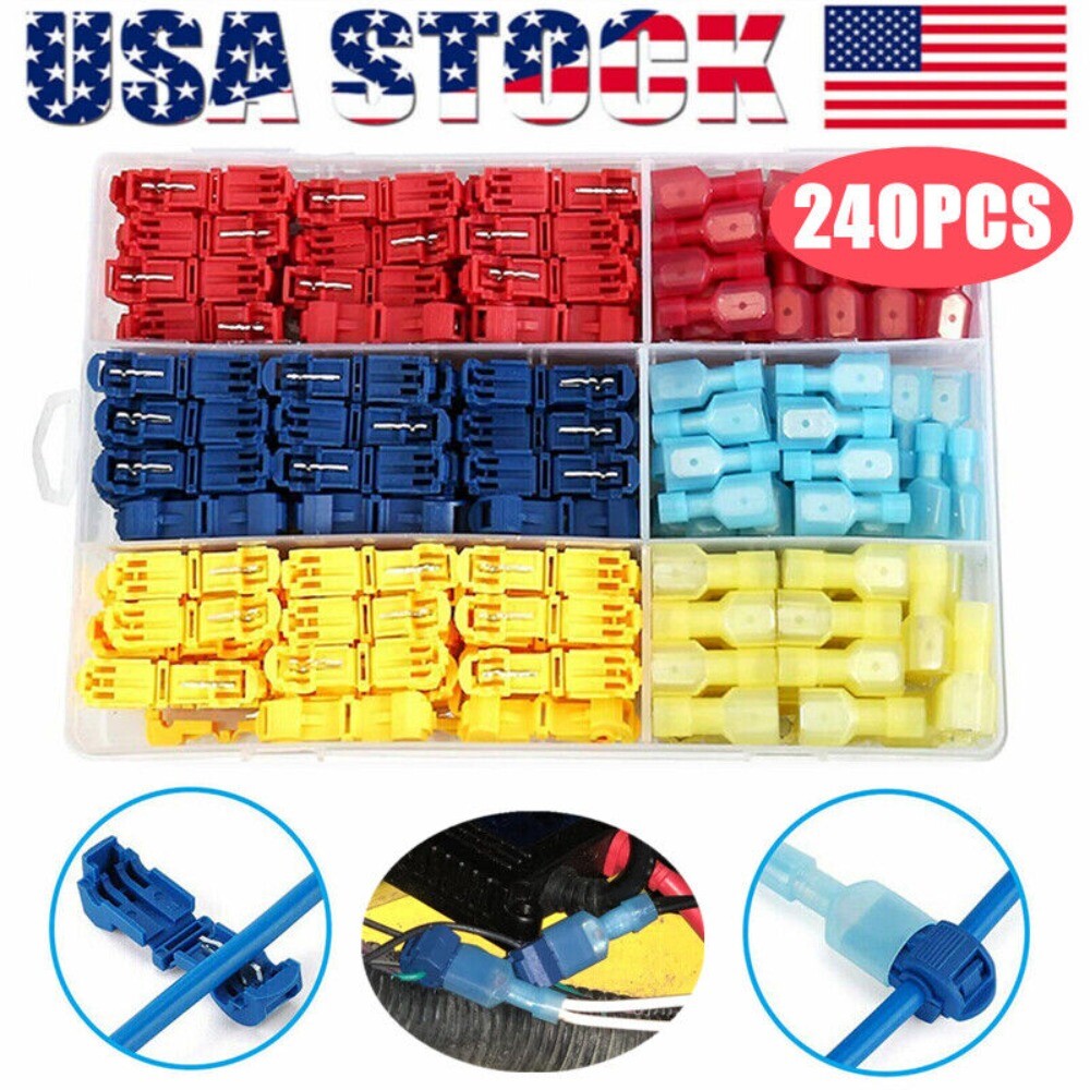 240PCS T-Tap Splice Crimp Terminal Kit Insulated Spade Electrical Wire Connector