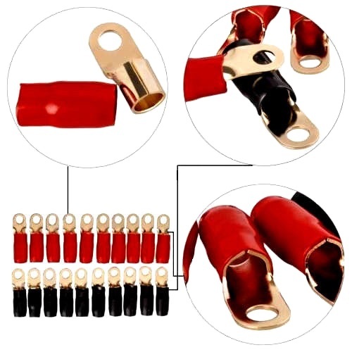 4 Gauge Gold Ring Terminal 10 Pack 4 AWG Wire Crimp Cable- Red/Black Boots 3/8"