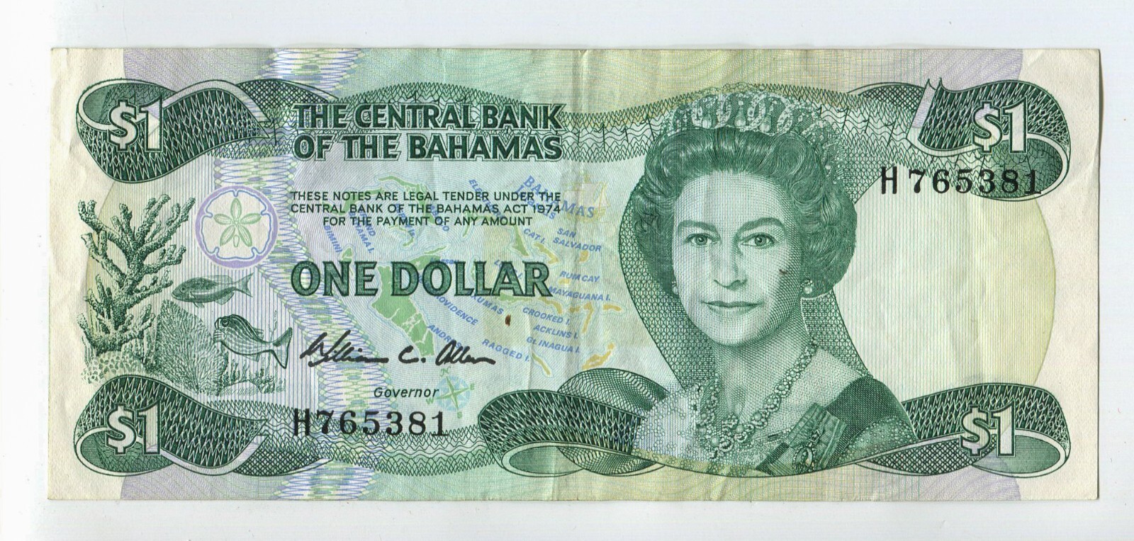 1974 Bahamas Central Bank of the Bahamas 1 Dollar Banknote WC188