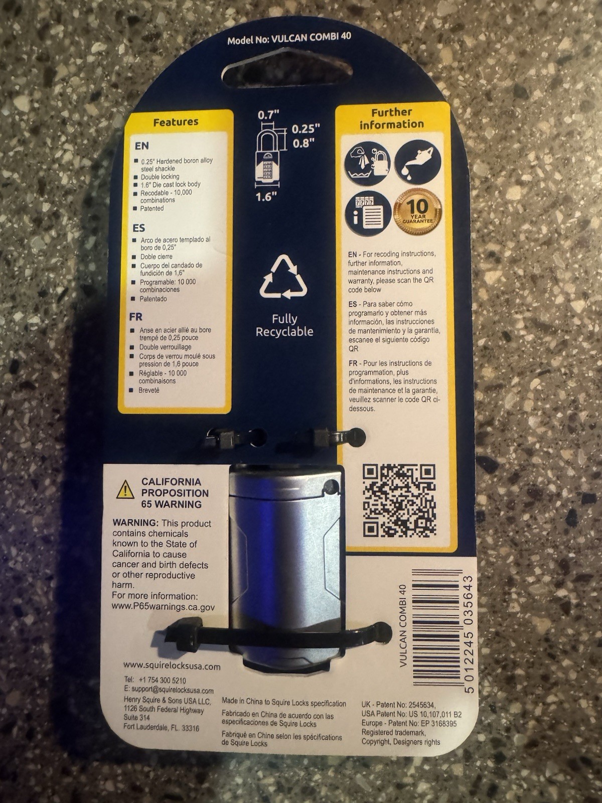 Squire Vulcan Long Shackle Combi Padlock 40mm Master lock