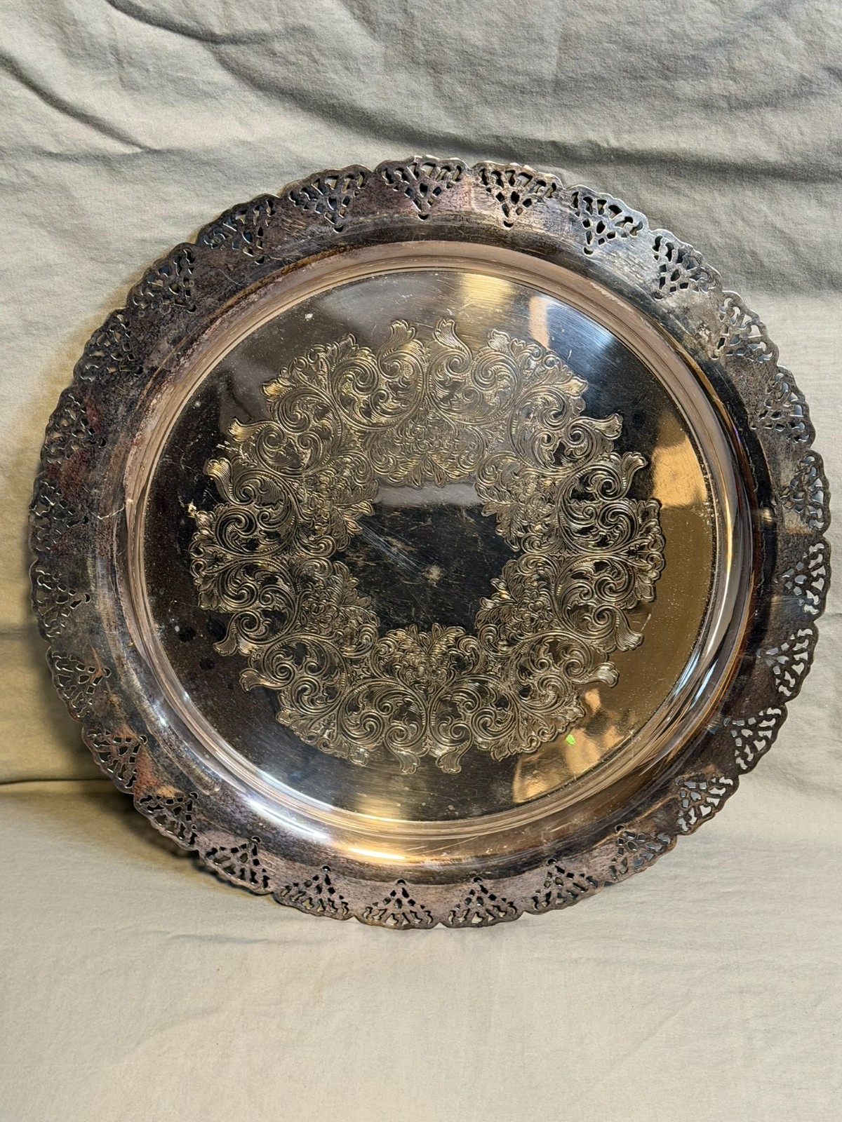 Vintage Silverplate Serving Tray Pierced Rim Etched Floral 15” Oval
