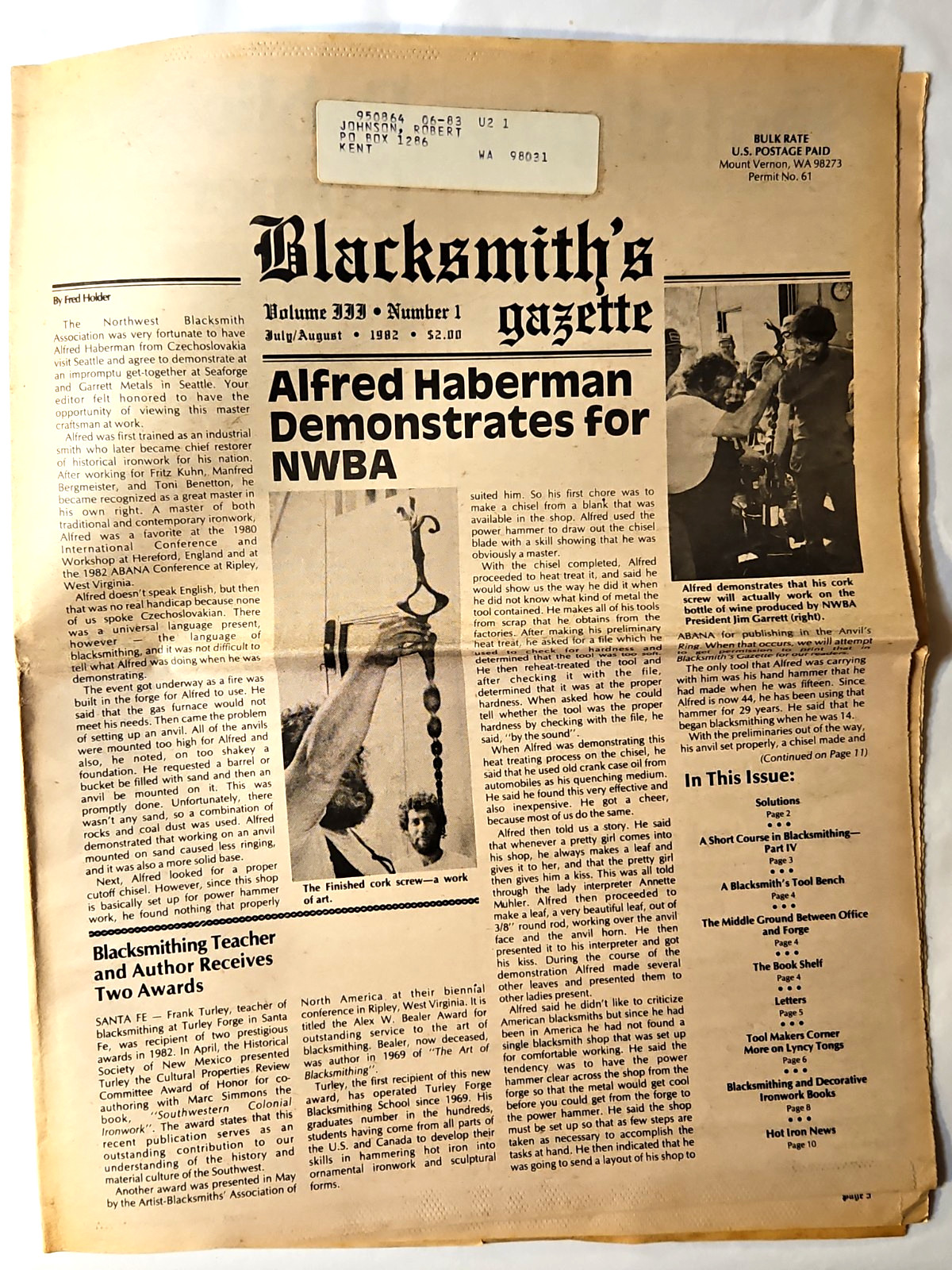 Blacksmith's Gazette Newspaper Mt. Vernon, WA. Volume 3 Number 1 July/Aug. 1982