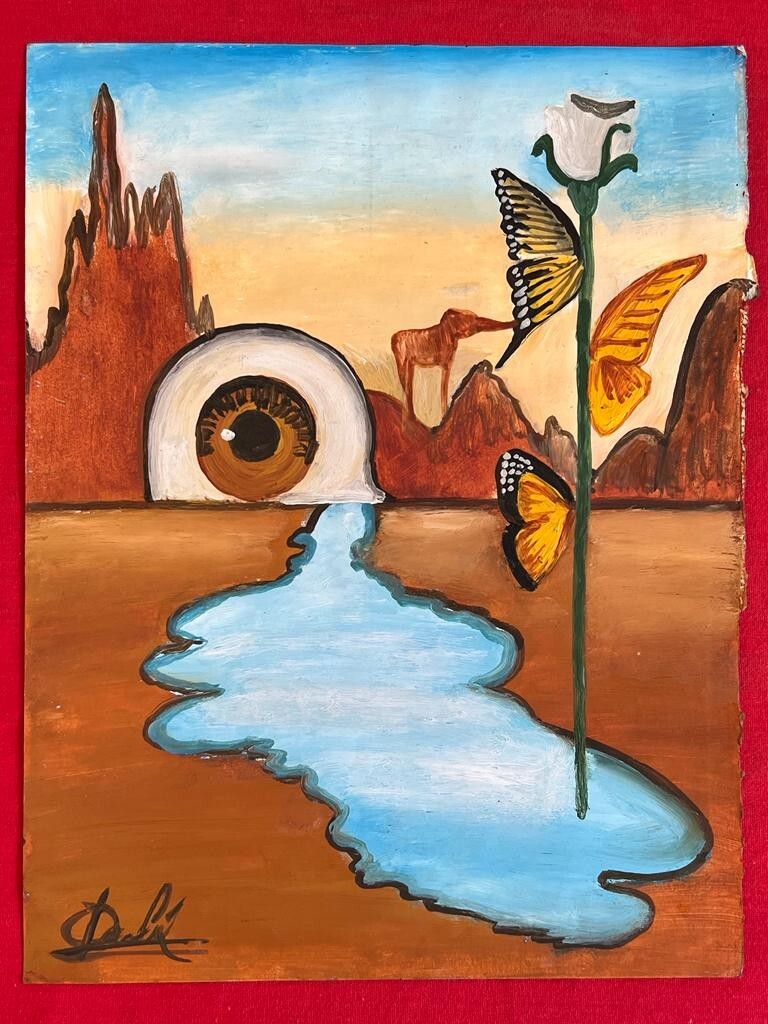 Salvador Dalí (Handmade) oil Drawing On old Paper Signed & Stamped,Vtg Art