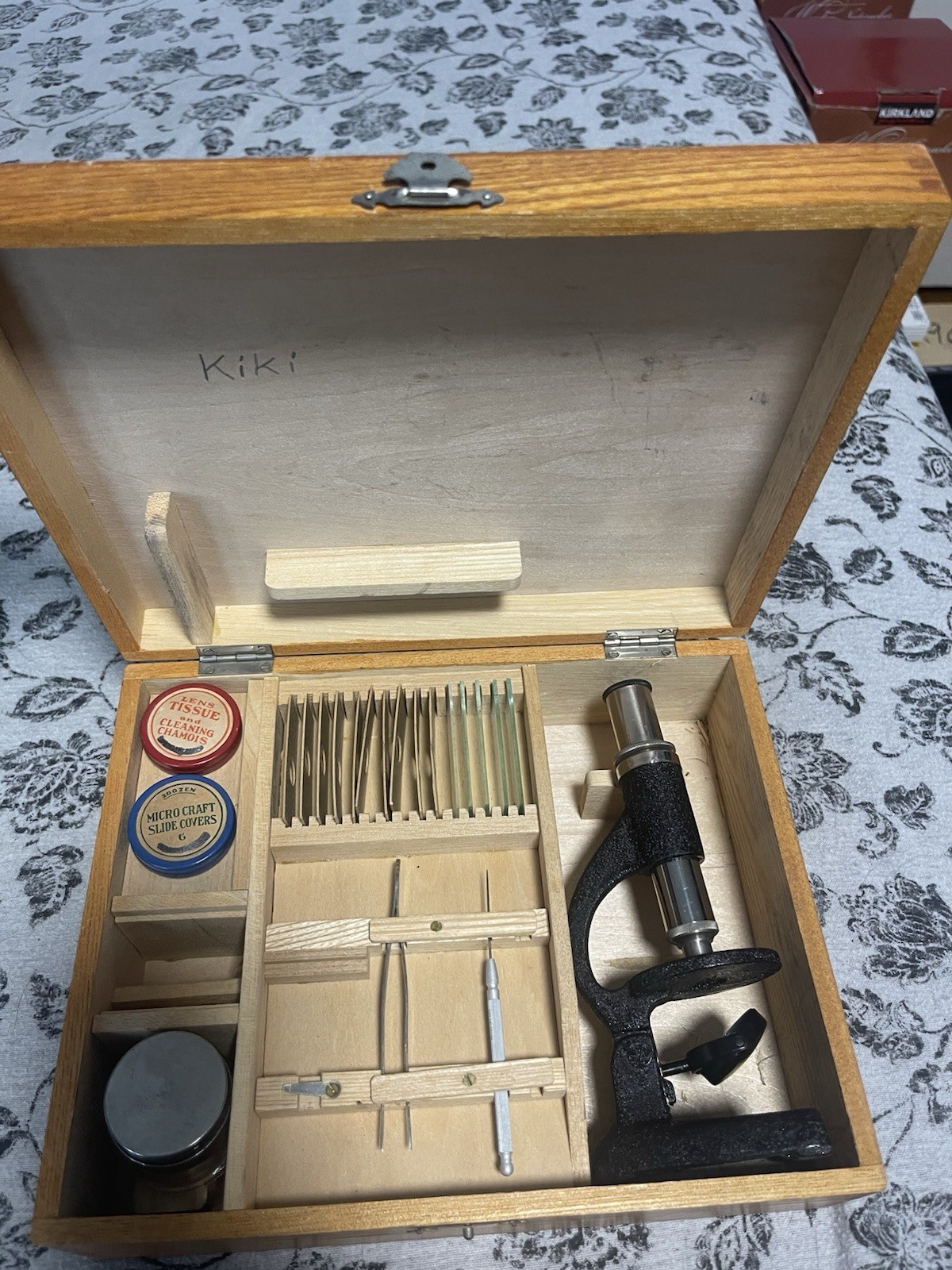 Vintage Microscope Kit w/ Slides Tools Wooden Box Complete As-Is