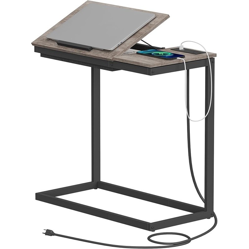 C Shaped End Table W/ Charging Station Adjustable Tilt Side Table USB Type-C