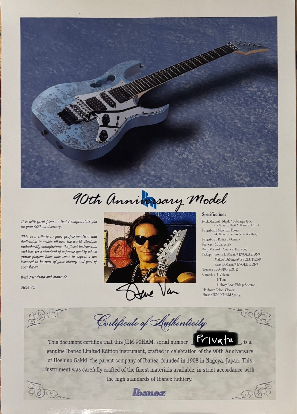 Ibanez JEM 90th Anniversary JEM90HAM Certificate of Authenticity ONLY No Guitar