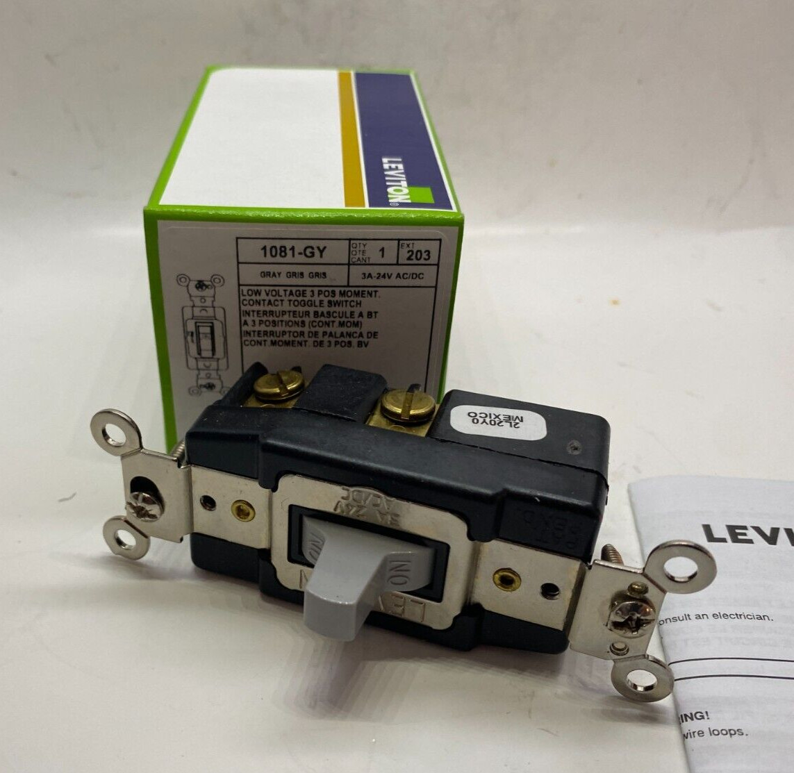 LEVITON 1081-GY 3A 24V Momentary Contact Toggle Switch - 3 Position - Gray -
