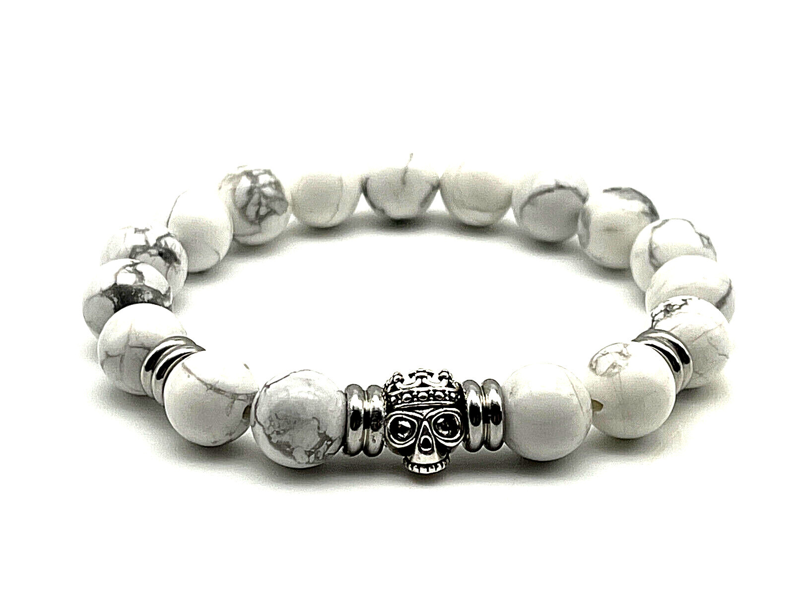 White Turquoise Gemstone & .925 Silver Crowned Skull 10mm Bead Harmony Bracelet