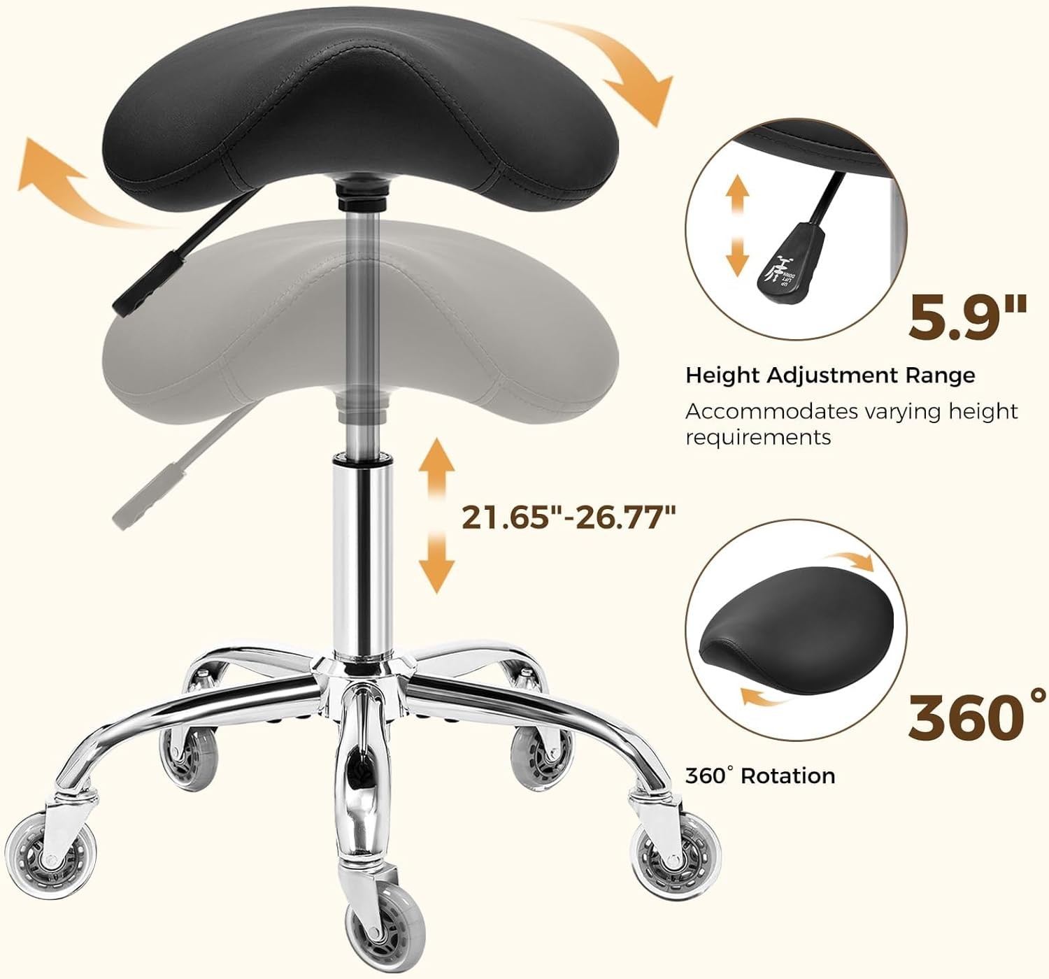 Ergonomic Rolling Saddle Stool Height-Adjustable Rolling 360° Swivel Saddle