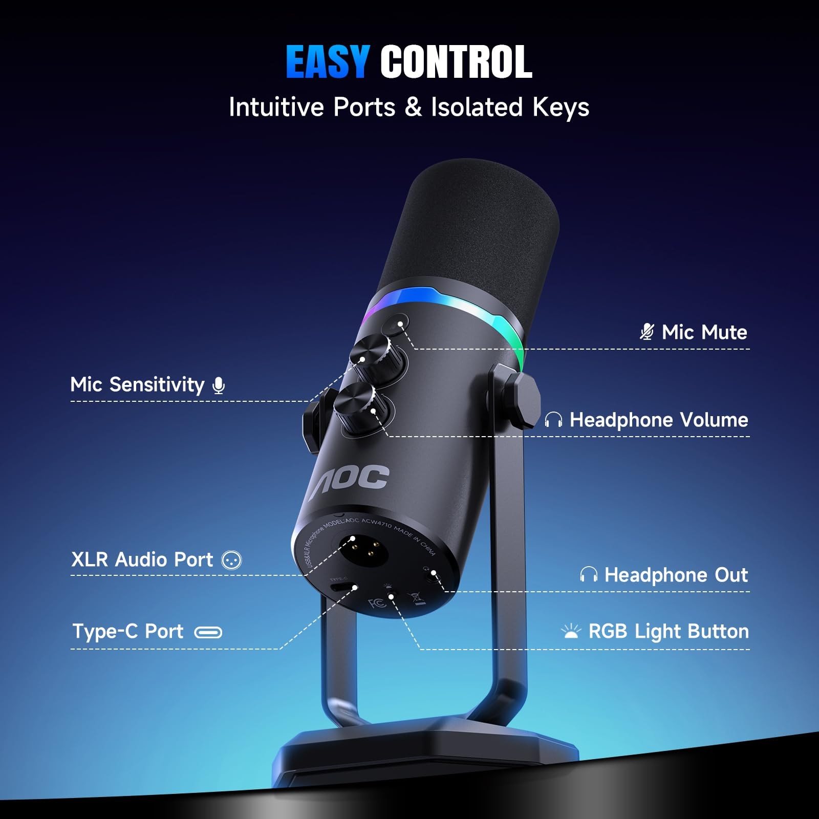 AOC Dynamic Microphone,PC Gaming Mic with RGB Light,USB/XLR Podcast Black