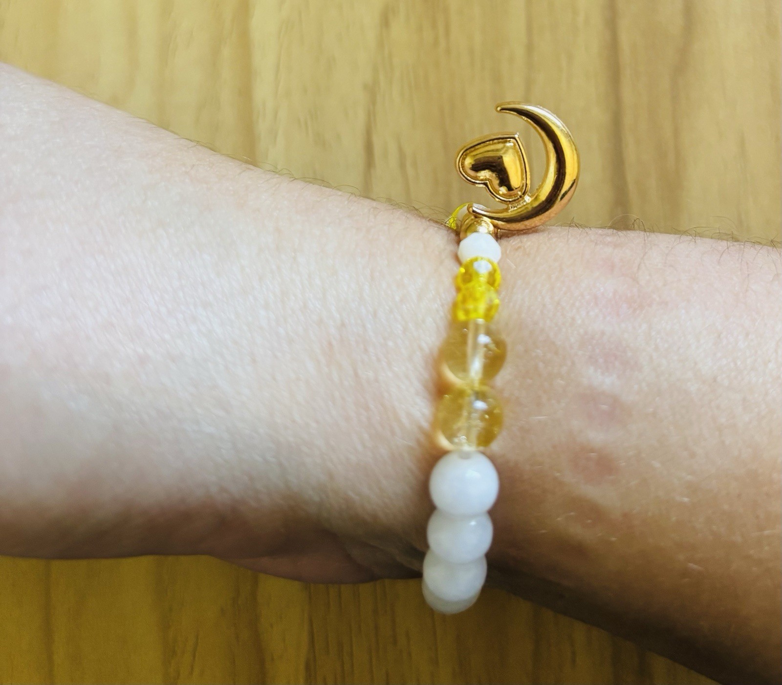Bubbles & Baubles Studio Handmade Beaded Bracelet Gold Moon Heart Charm White Y…