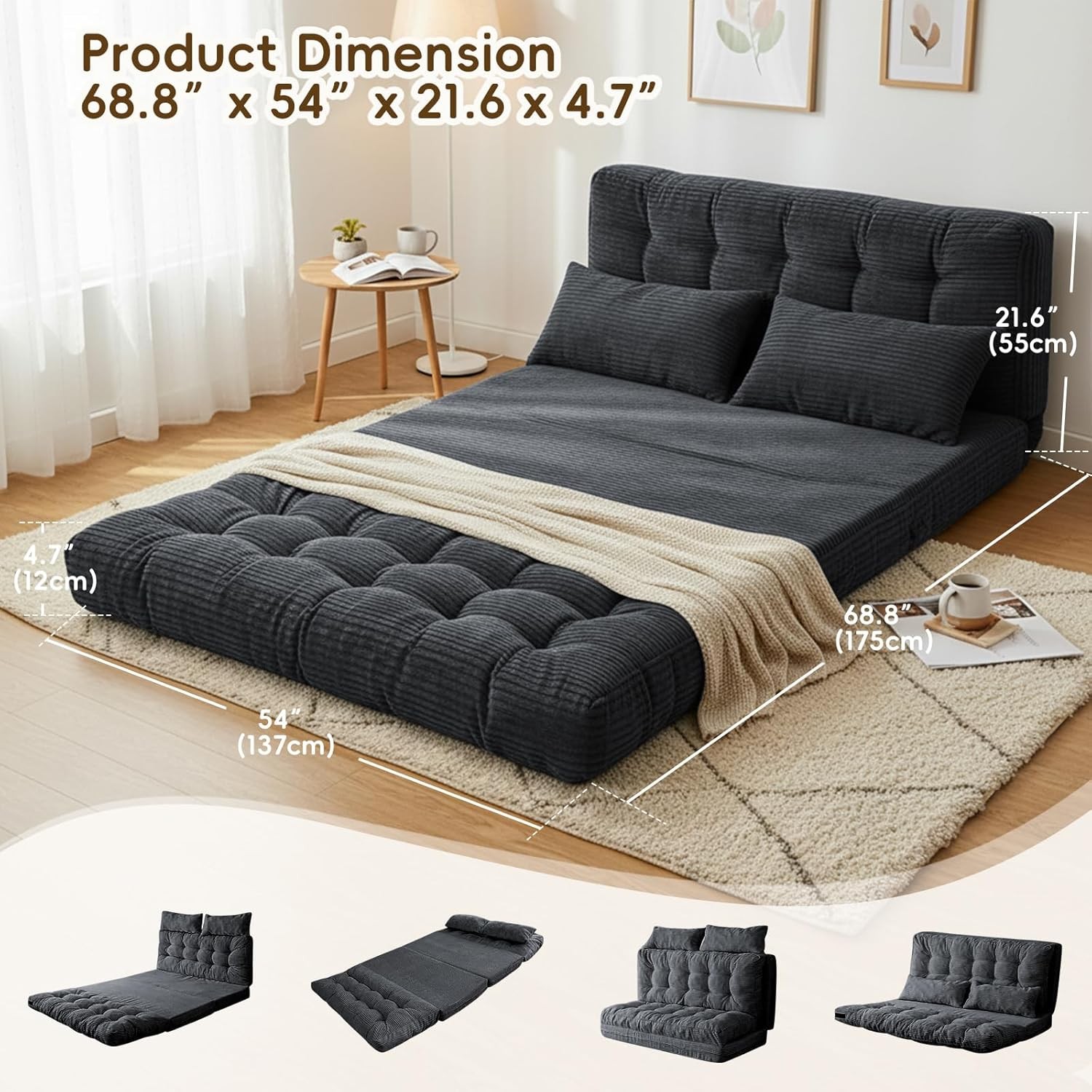 Convertible Sofa Bed 54x91 Inch Thick Tufted Folding Sofa Bed W/ 2 Pillows
