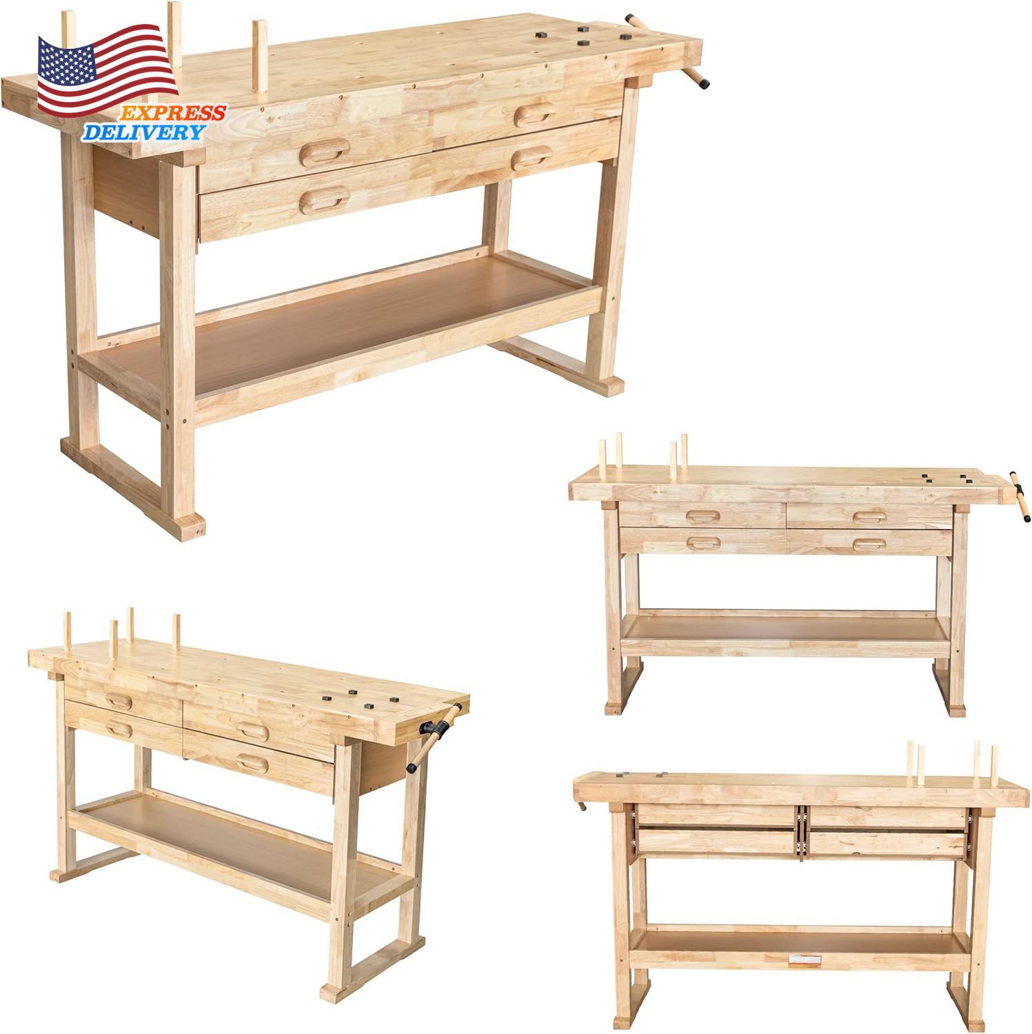 60" Rubber Hardwood Workbench with 4-Drawers 450Lbs Load for Garage Workshop
