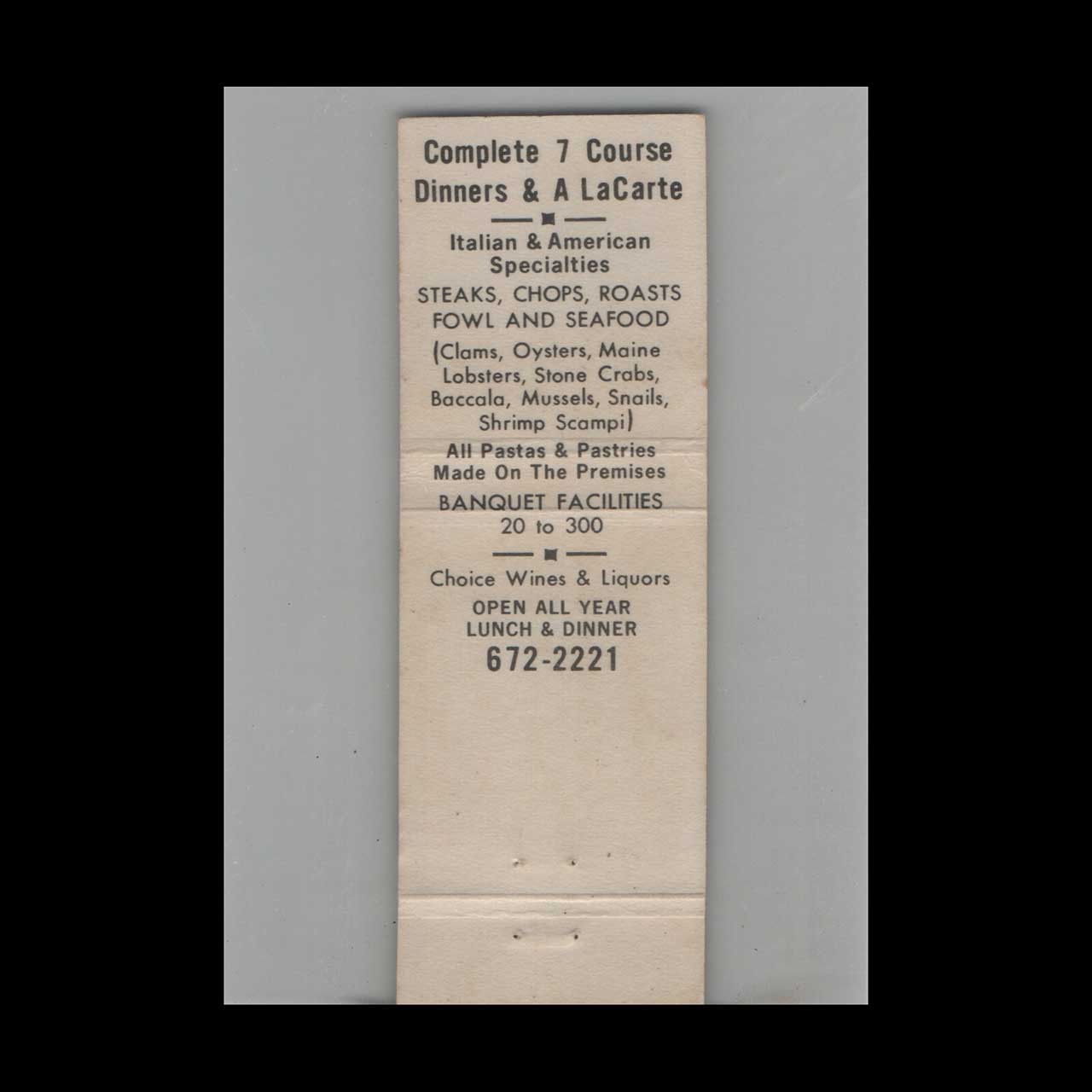 Matchbook Cover Piccolo Restaurant Miami FL