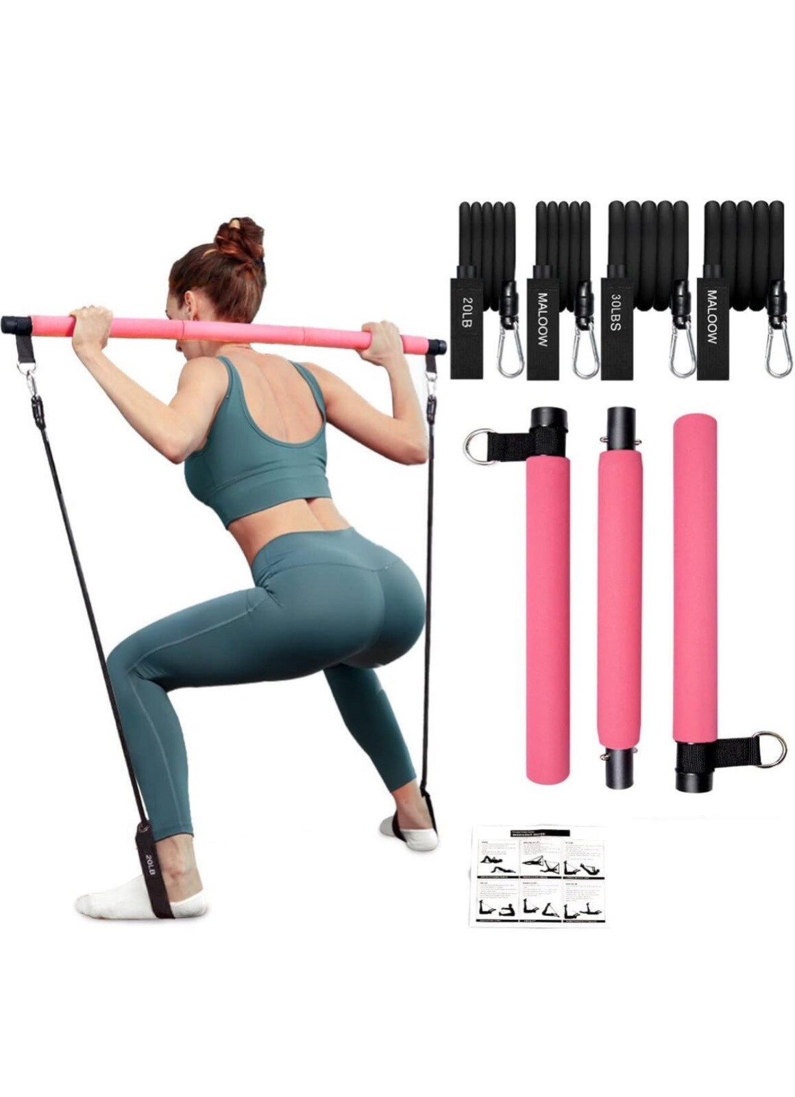 Pilates Bar Kit with Adjustable Resistance Bands 3-Section Pilates Stick Bar