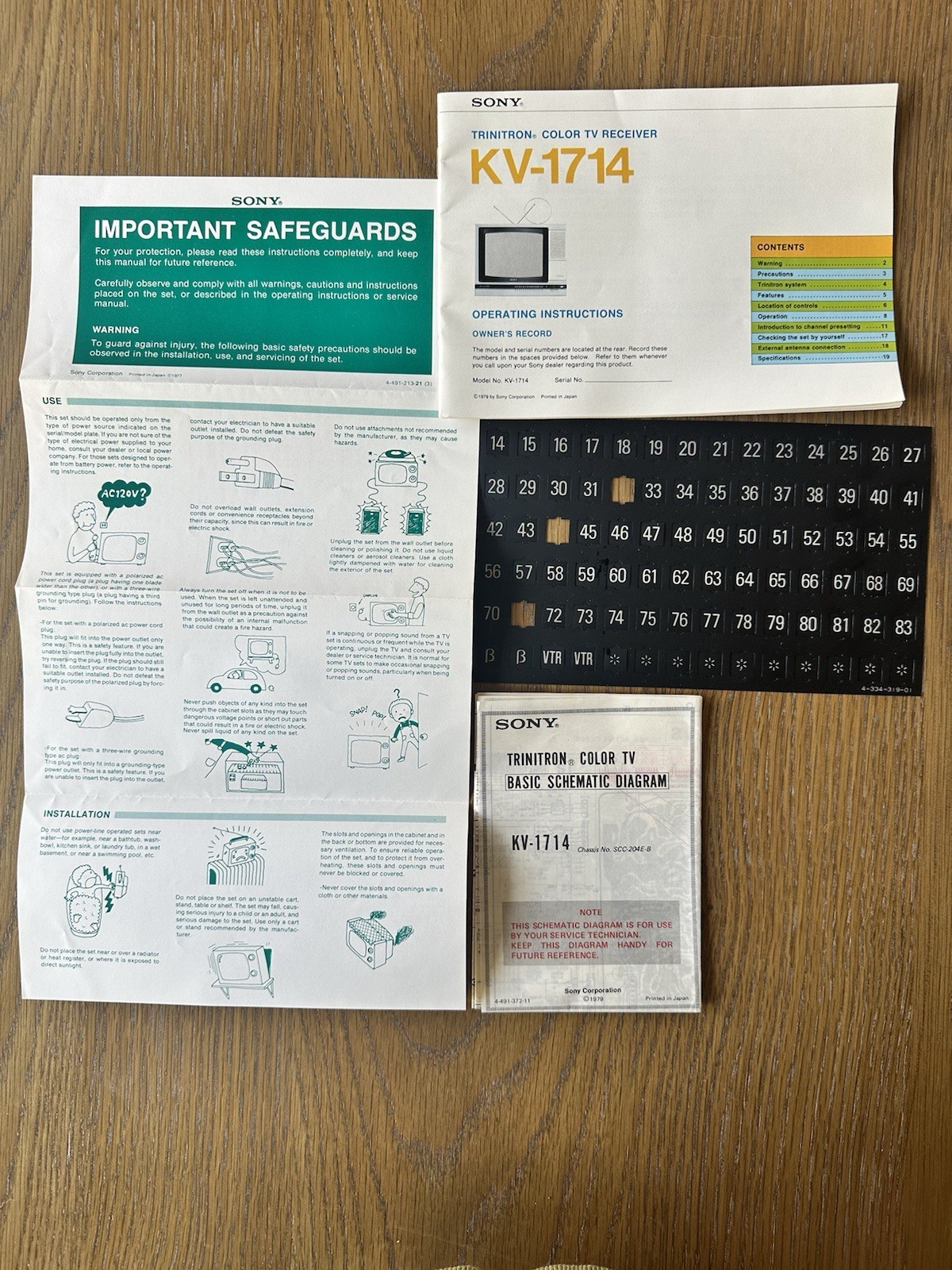 Sony Trinitron KV-1714 Color TV Original Manual + Schematic Diagram+Channel Card