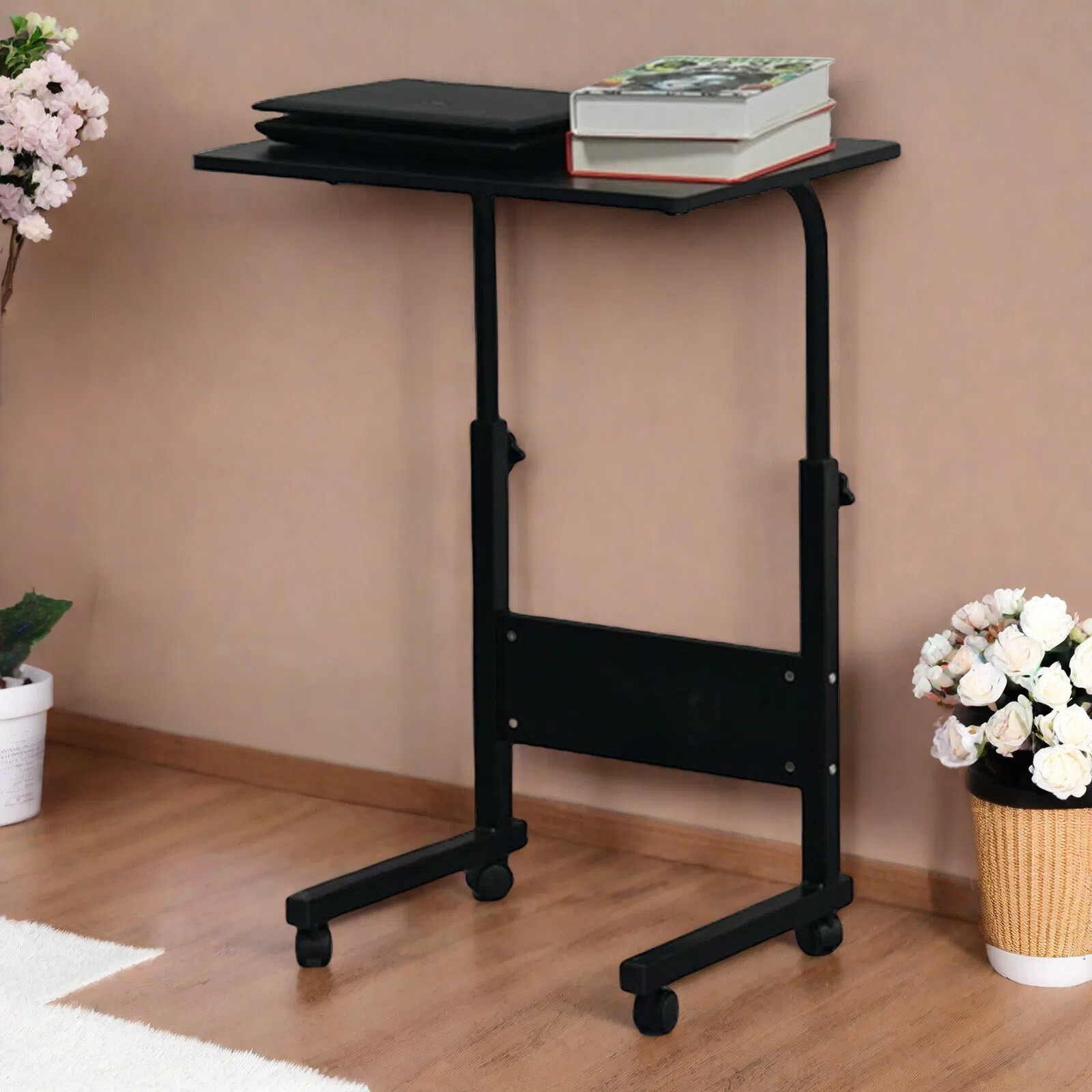 Rolling Laptop Desk - Adjustable Height Black 23.62" Tabletop Portable