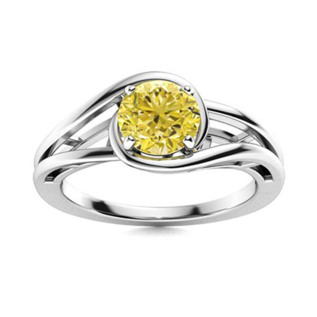 Solitaire 5MM Round Yellow Cz Split Shank Wedding Ring 925 Sterling Silver