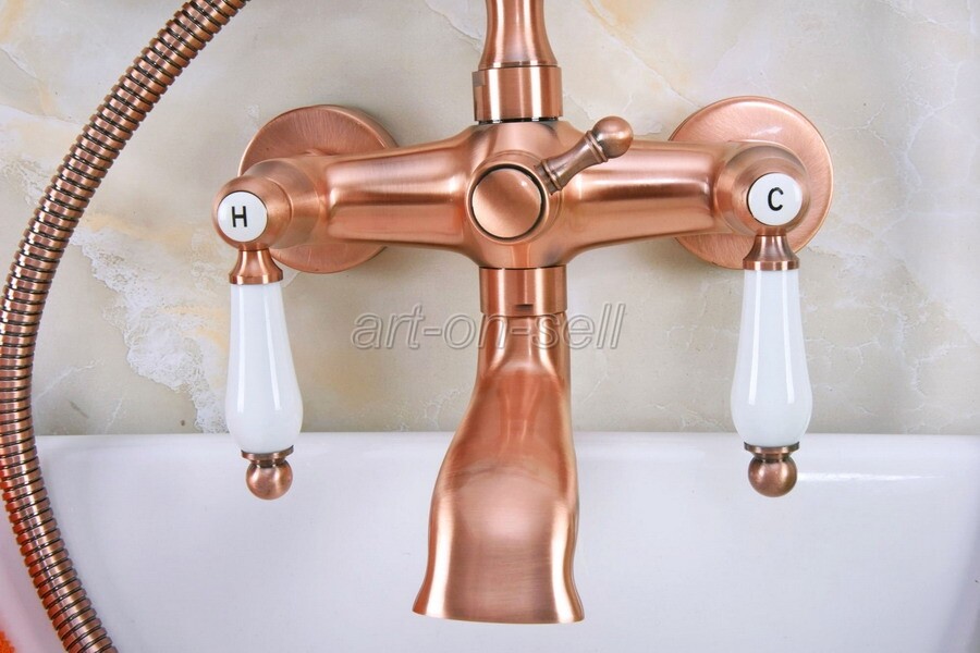 Red Copper Wall Mount Bathroom Clawfoot Bath Tub Faucet Filler w/ Hand Shower