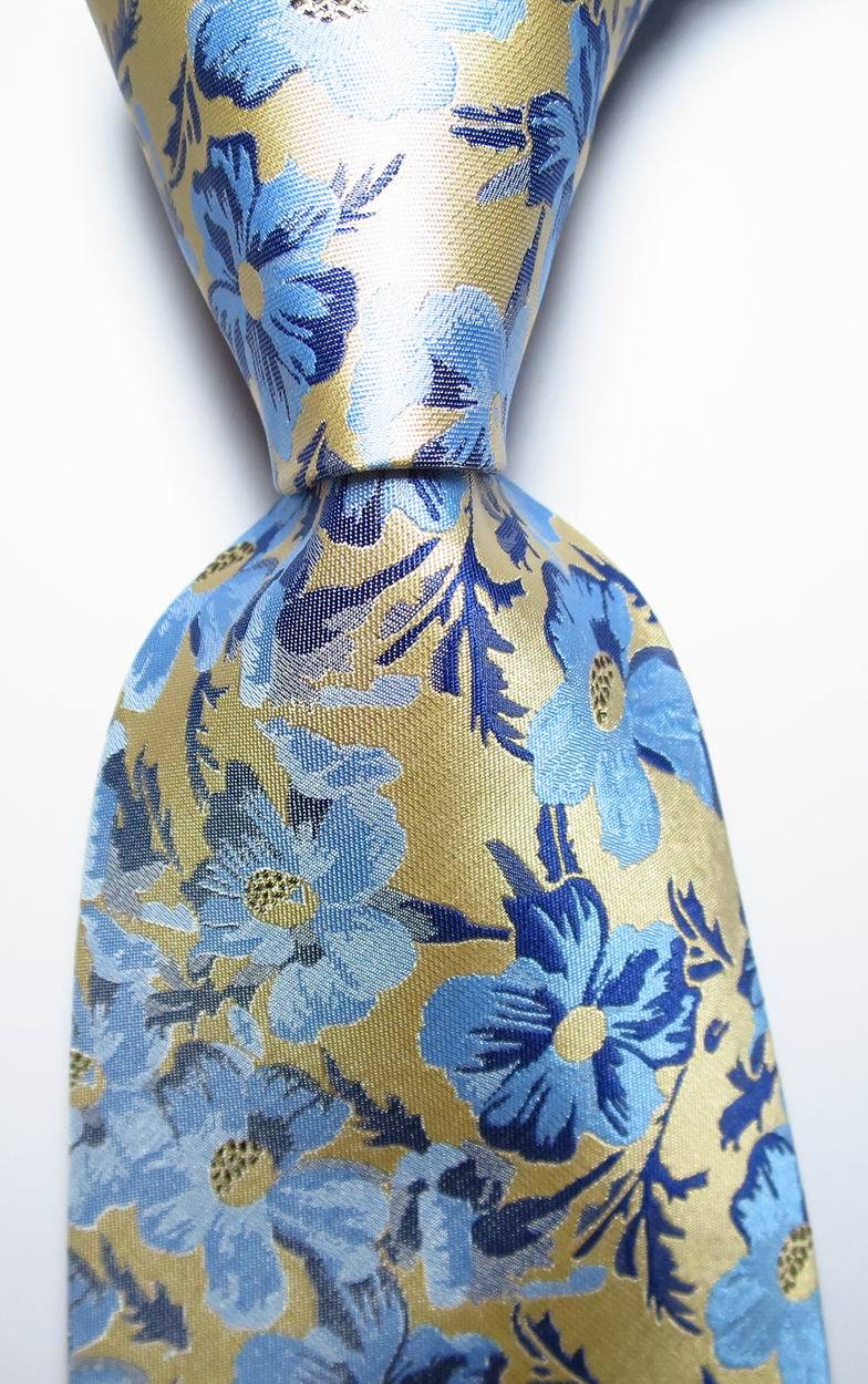 New Classic Floral Blue Beige JACQUARD WOVEN 100% Silk Men's Tie Necktie