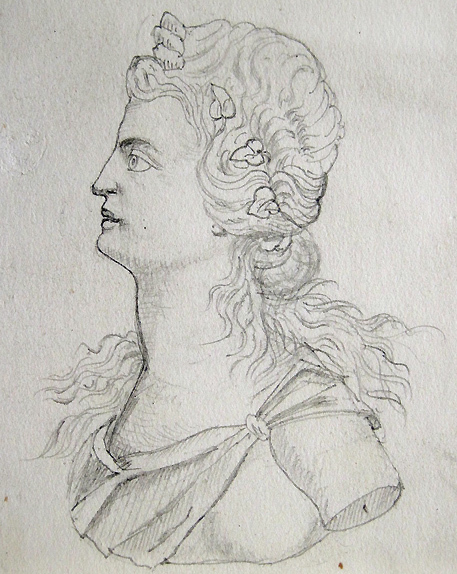 LADY WITH FLOWERS IN HAIR DISCUS THROWER OLD ORIGINAL PENCIL DRAWING