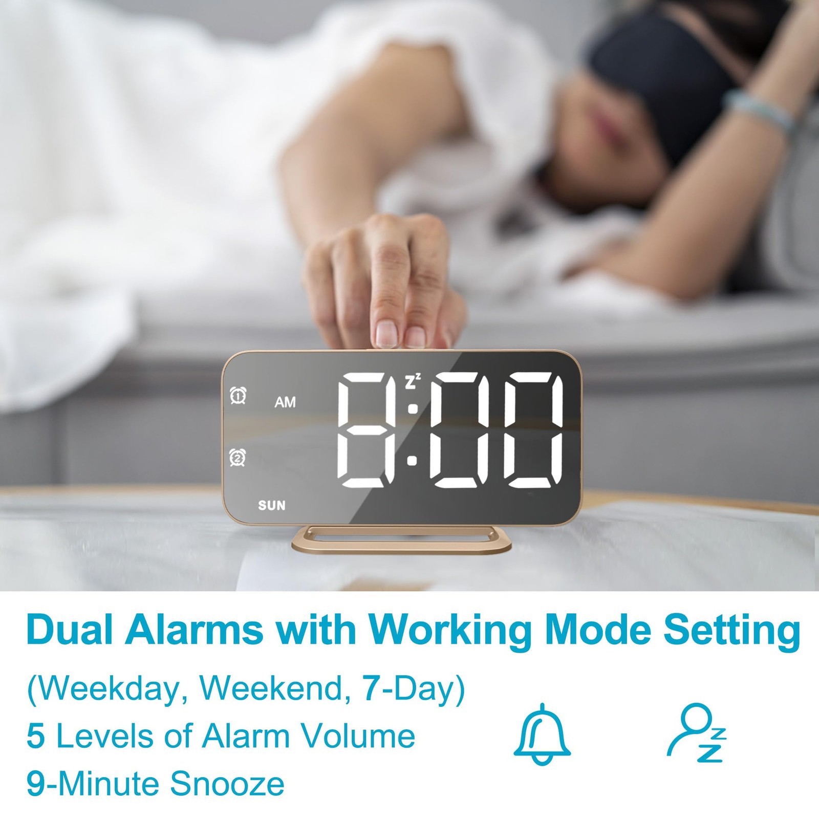 Slim LED Digital Alarm Clock Mirror Surface for Makeup with Diming Large Disp...