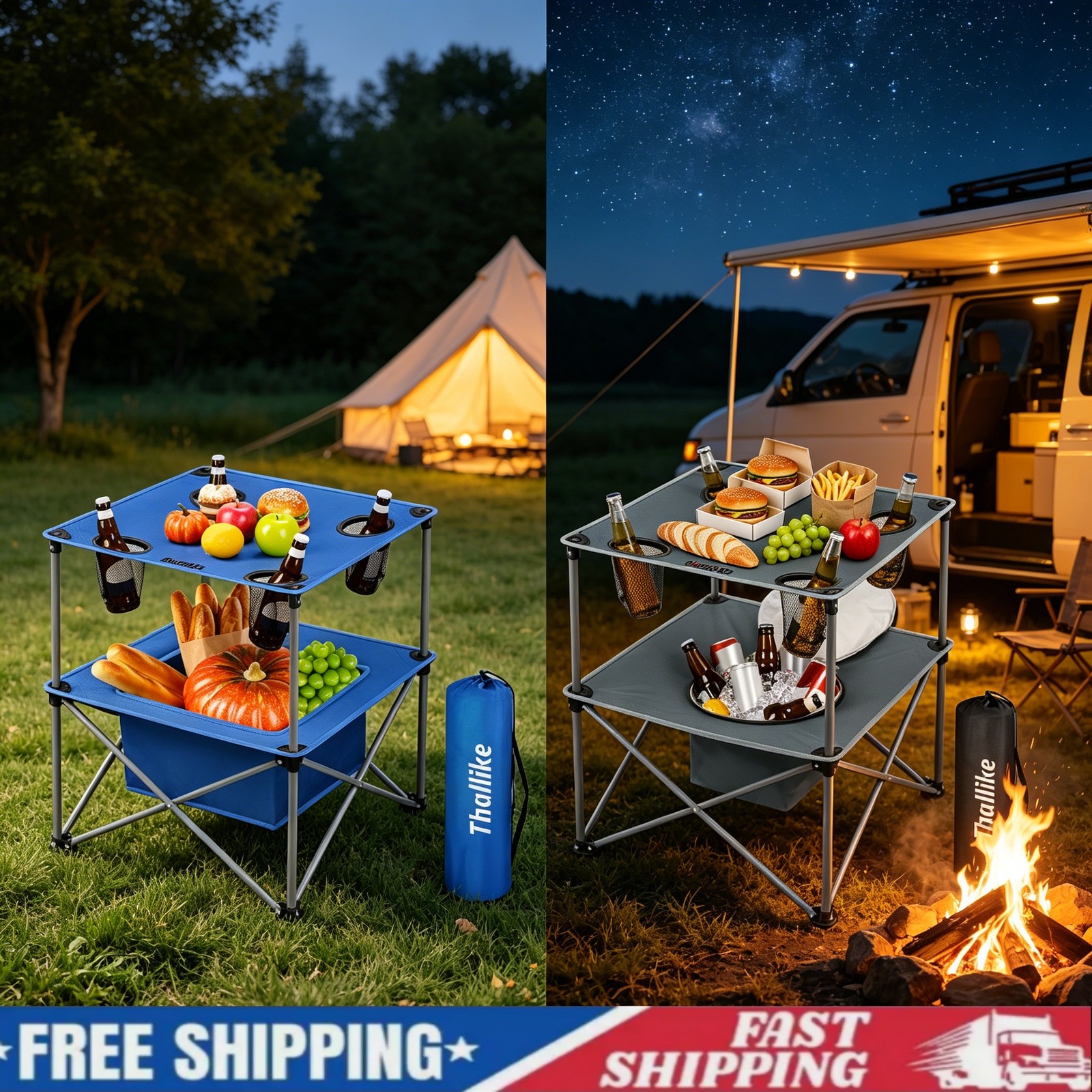 Portable Folding Camping Table with Cup Holders & Food Basket for Outdoor Fun US
