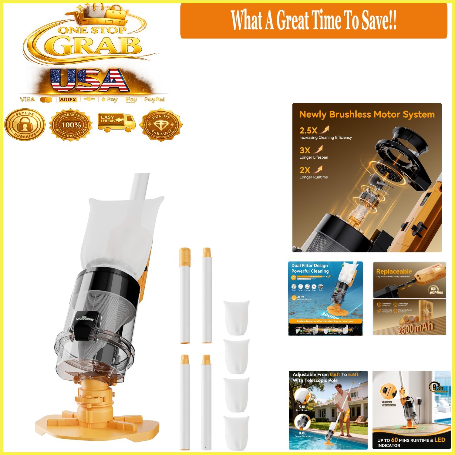 Cordless Pool Vacuum Handheld with Telescopic Pole 30 GPM Suction Rechargeabl...