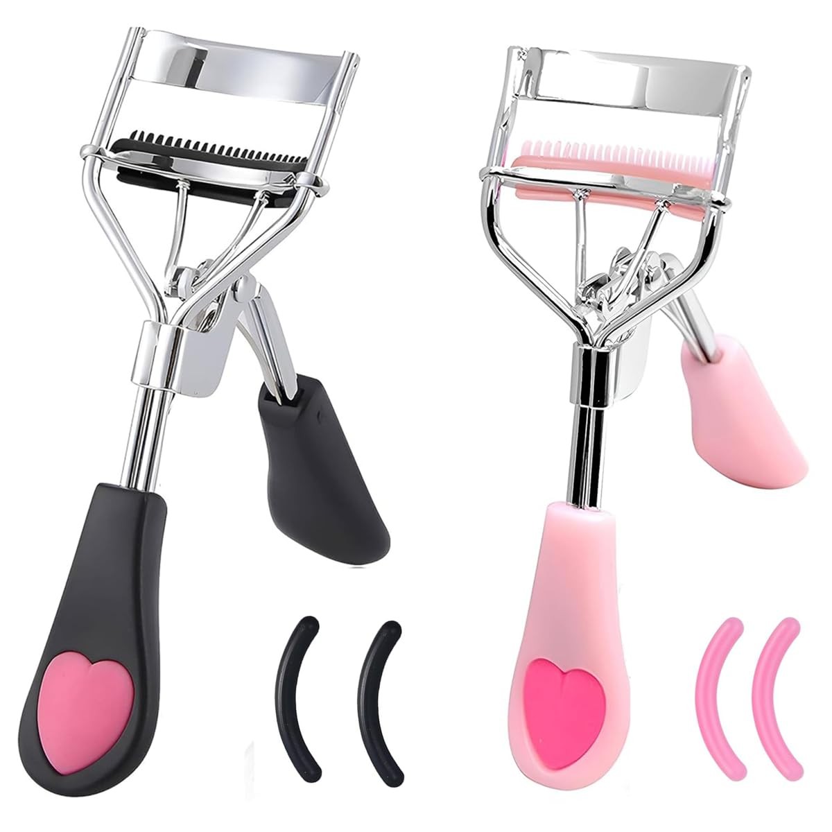 2 PCS Stainless Steel Eyelash Curler Built-in Comb, Silicone Pads Black Pink