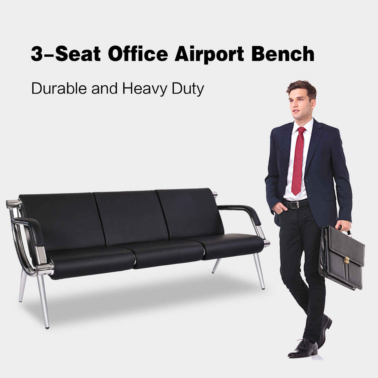 3-Seat Waiting Chair Office Airport Bench Guest Reception PU Leather Sofa Seat