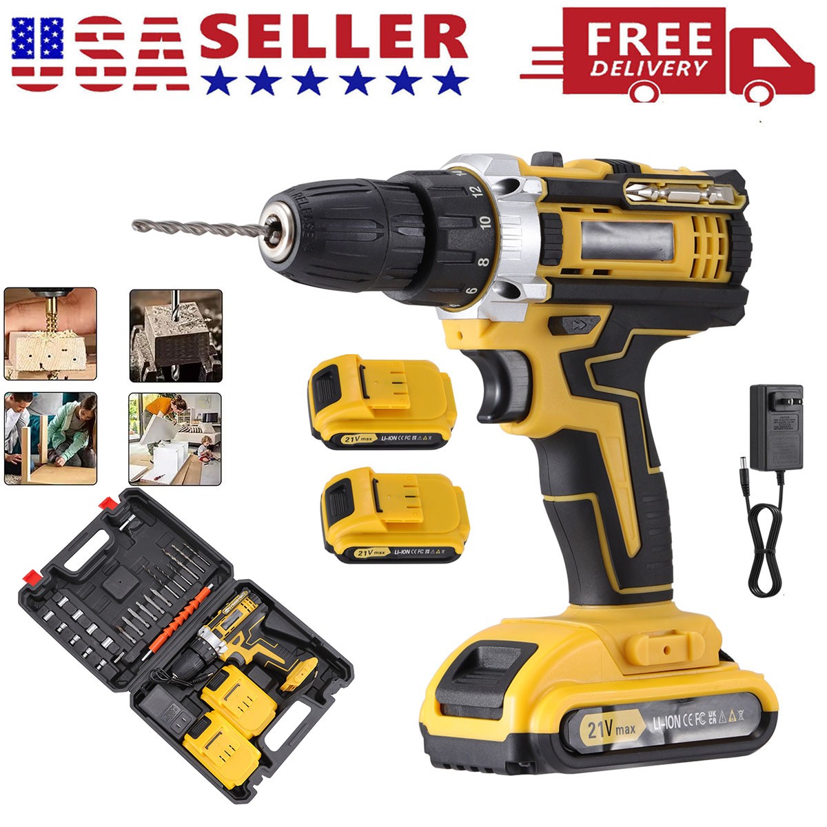 21V Electric Drill Cordless Fast Screwdriver Set Power Tool W/2 Battery&Charger