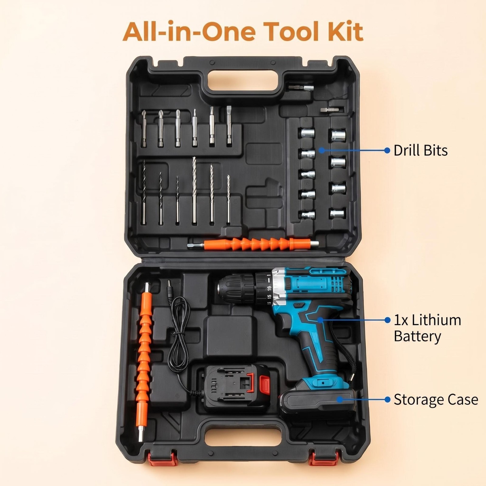 48V Cordless Drill Electric Screwdriver 3/8 Keyless Chuck Work Light
