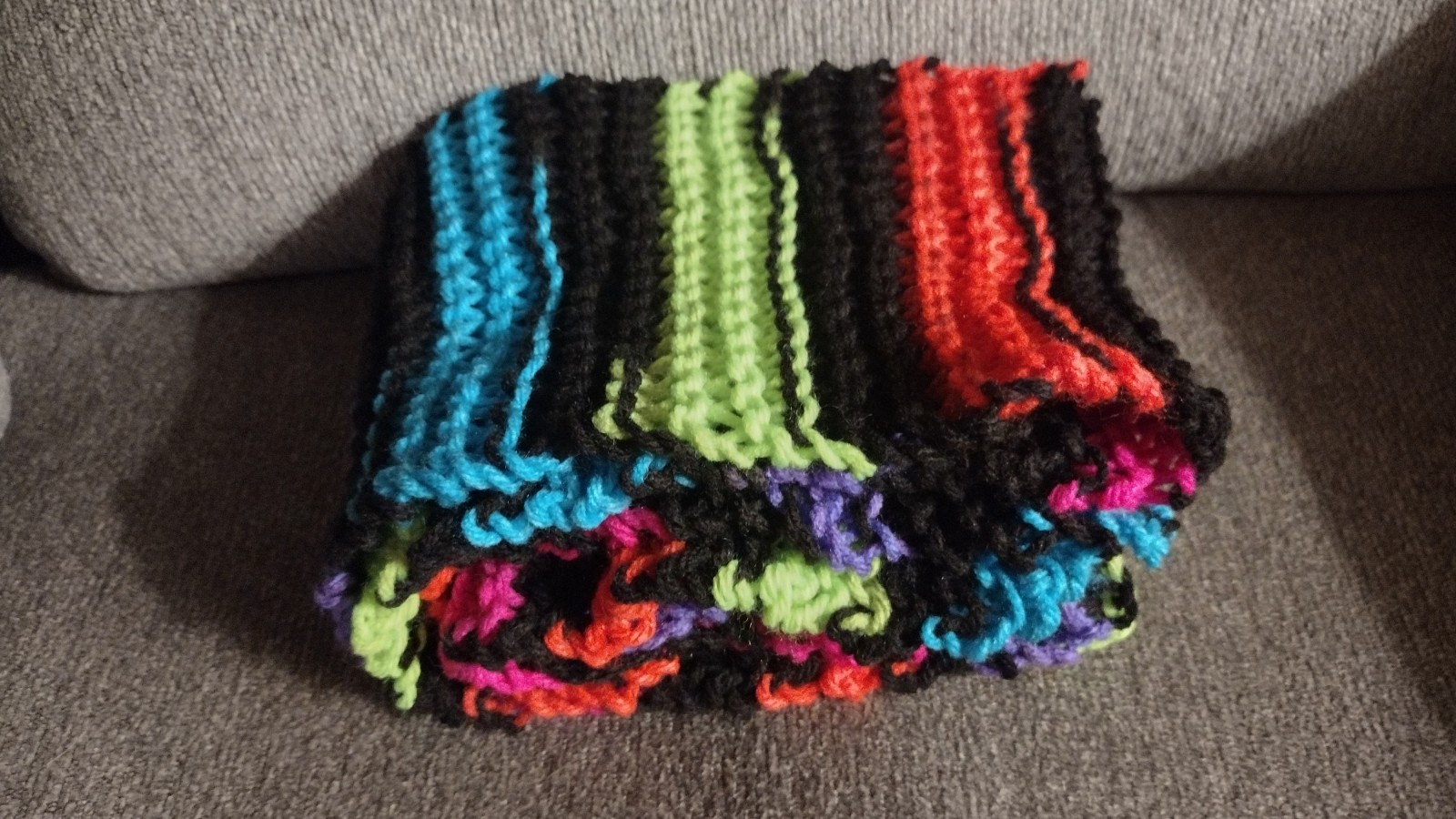 Hand Knit Acrylic Scarf Striped Black With Neon Rainbow Colors Long 58" x 5"