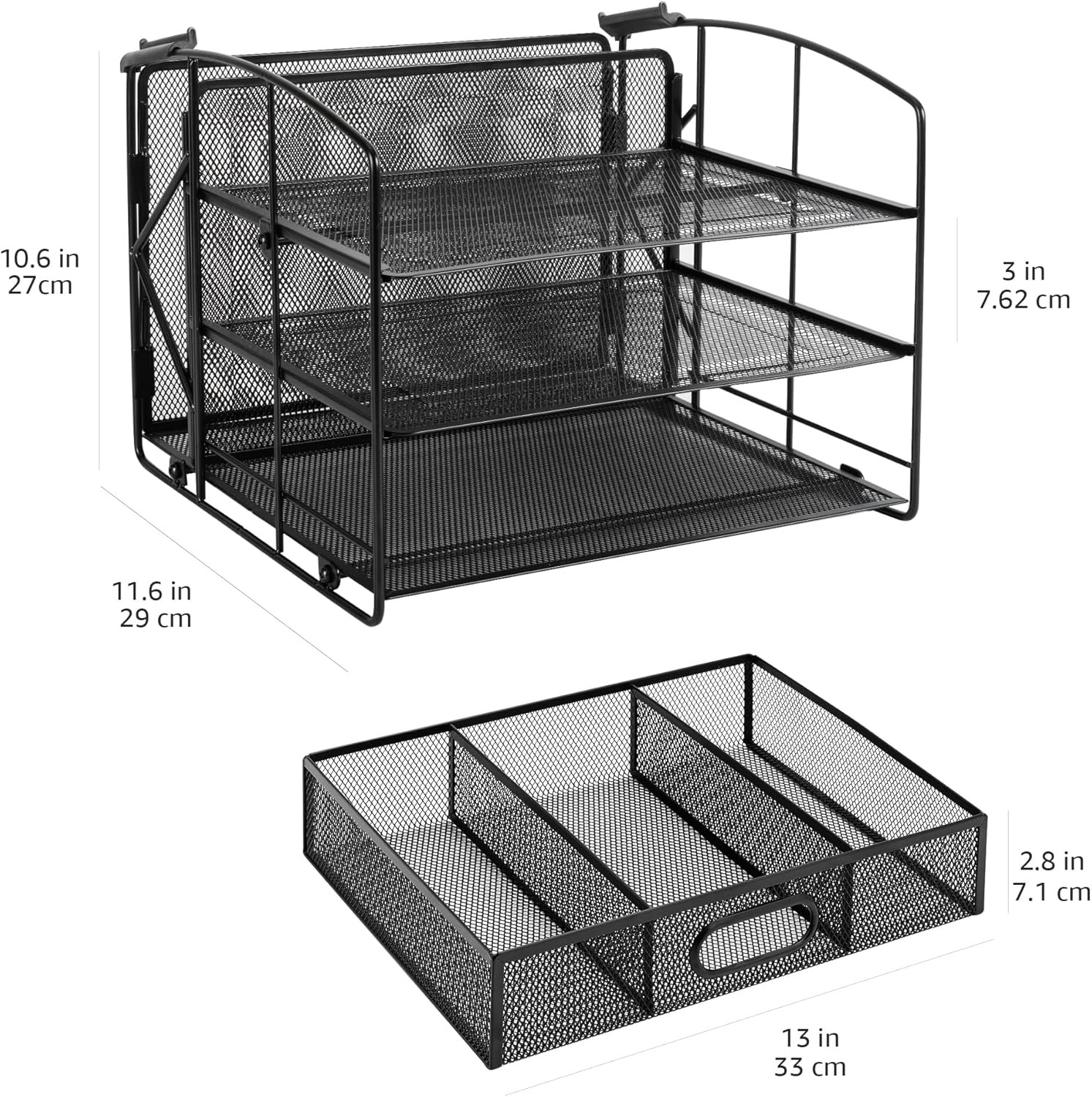 Sturdy Rectangular Desktop Organizer with 3 Trays, Sliding Drawer and Hanging Fi