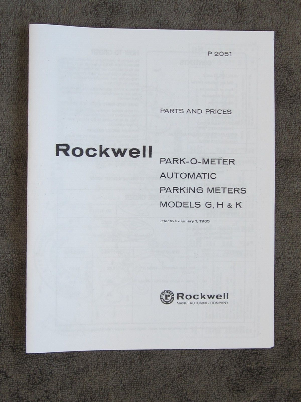Parking Meter PARTS MANUAL, Rockwell Park-O-Meter, POM Models G, H & K.