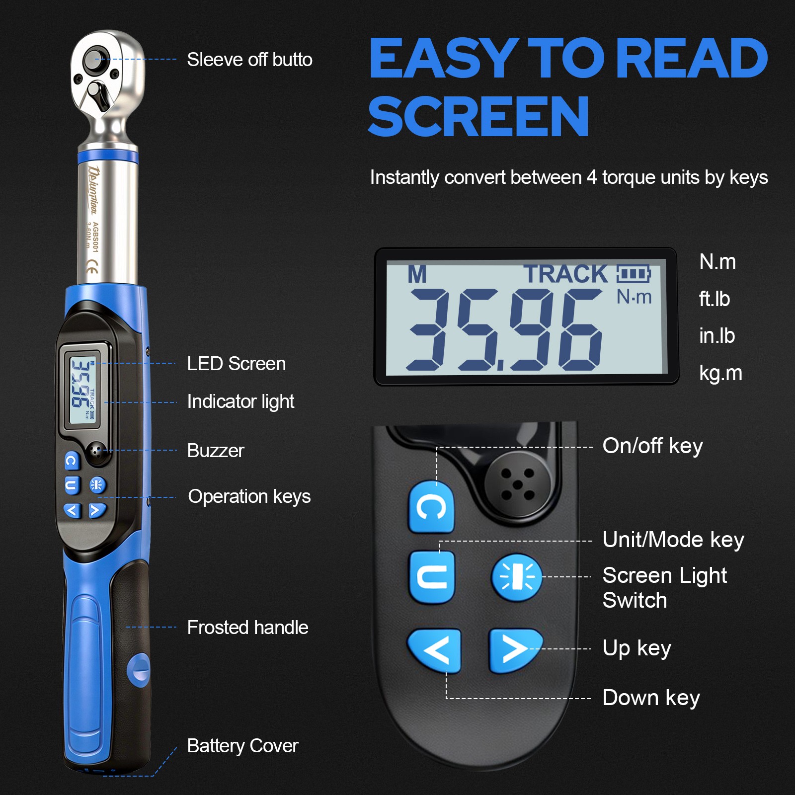Dejunpool Digital Torque Wrench Adjustable Torque Wrench 3/8" Drive 2.2-44 ft.lb