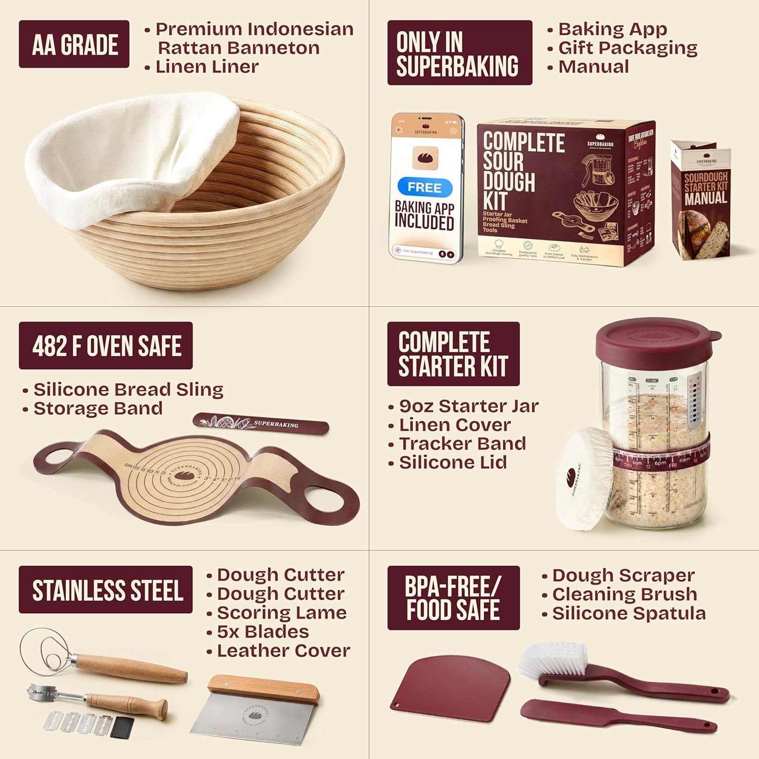 Sourdough Baking Essentials: 9" Splinter-Free Banneton with Starter Jar & Guide