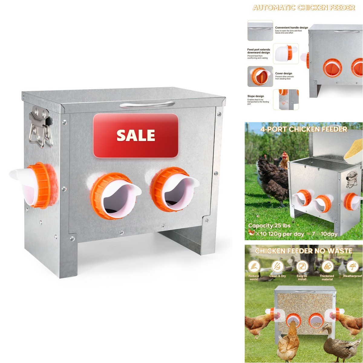 Homsky KT-01 Automatic Chicken Feeder 25lbs 4-Ports Metal Poultry