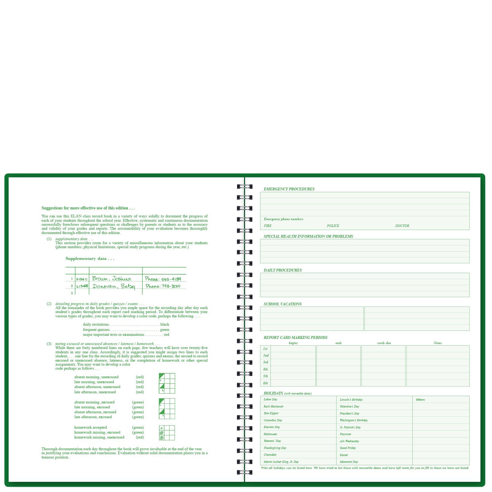 Teacher Record Book, 40 Names, 12 Weeks, Multicolor Organizer, Multicolor