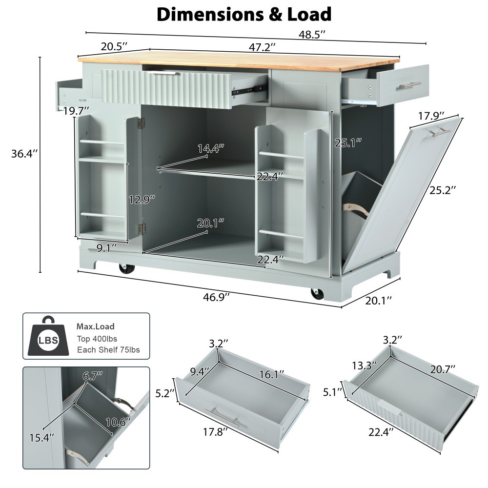 K&K Fluted Kitchen Island with Trash Can Storage Cabinet, Power Outlet