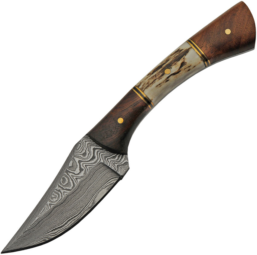 Damascus Skinner Stag Bone/Wood Fixed Blade Knife w/ Leather Belt Sheath 1269