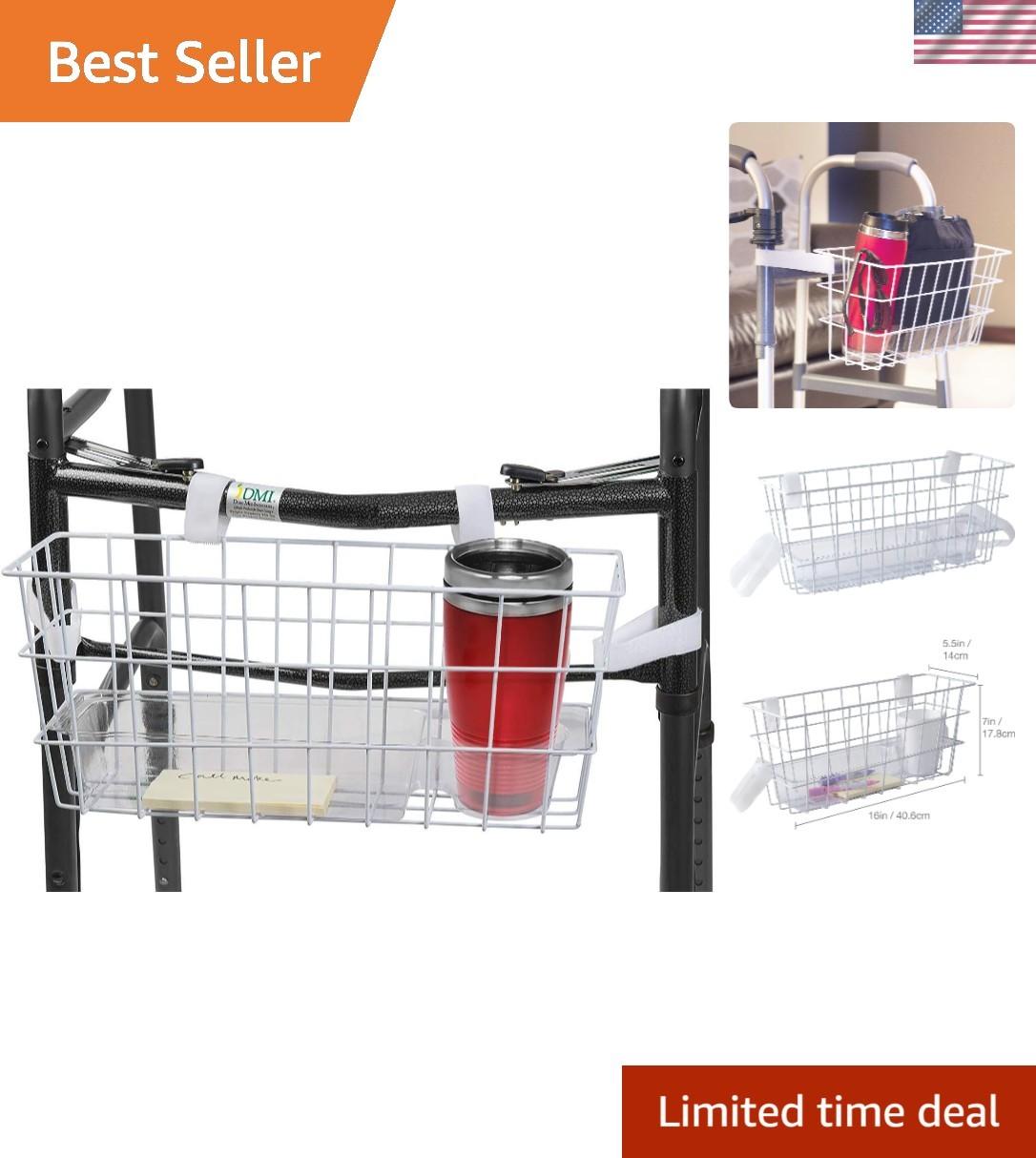 Durable Walker Accessories Basket For Walker | No Tools Needed | Secure Cup Hold
