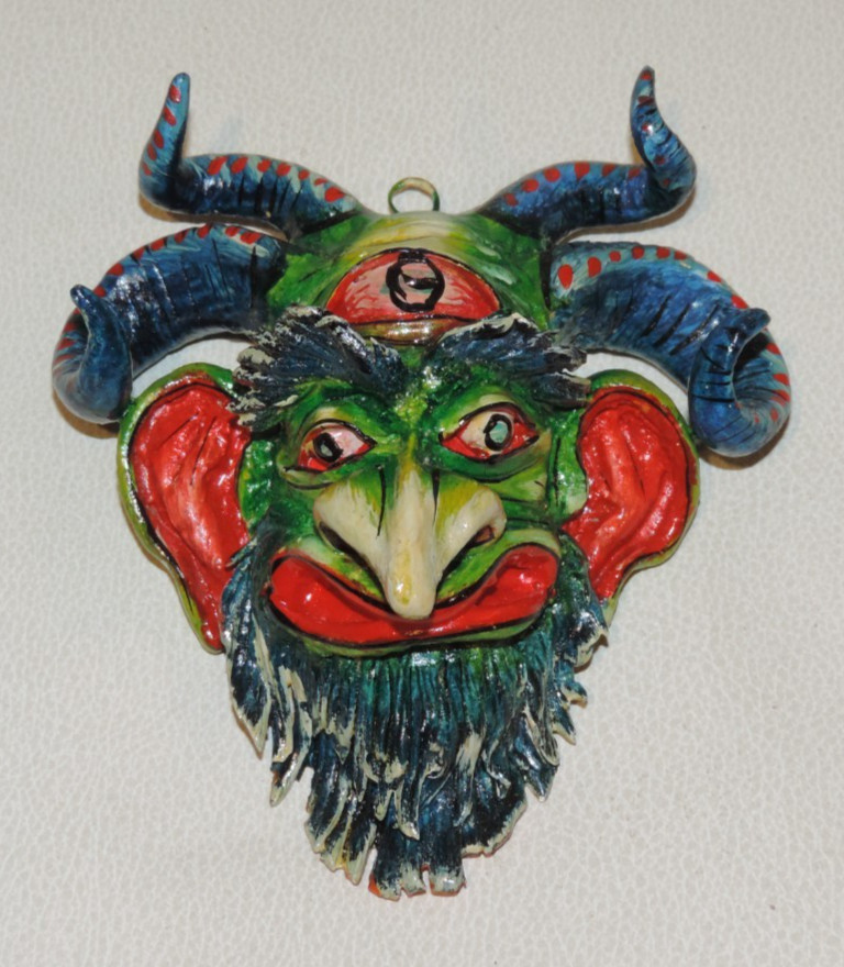 HANGING PAPER MACHE CLAY PERUVIAN MASK 4.5" BY 4.25" ATTRIBUTED CLAUDIO JIMENEZ