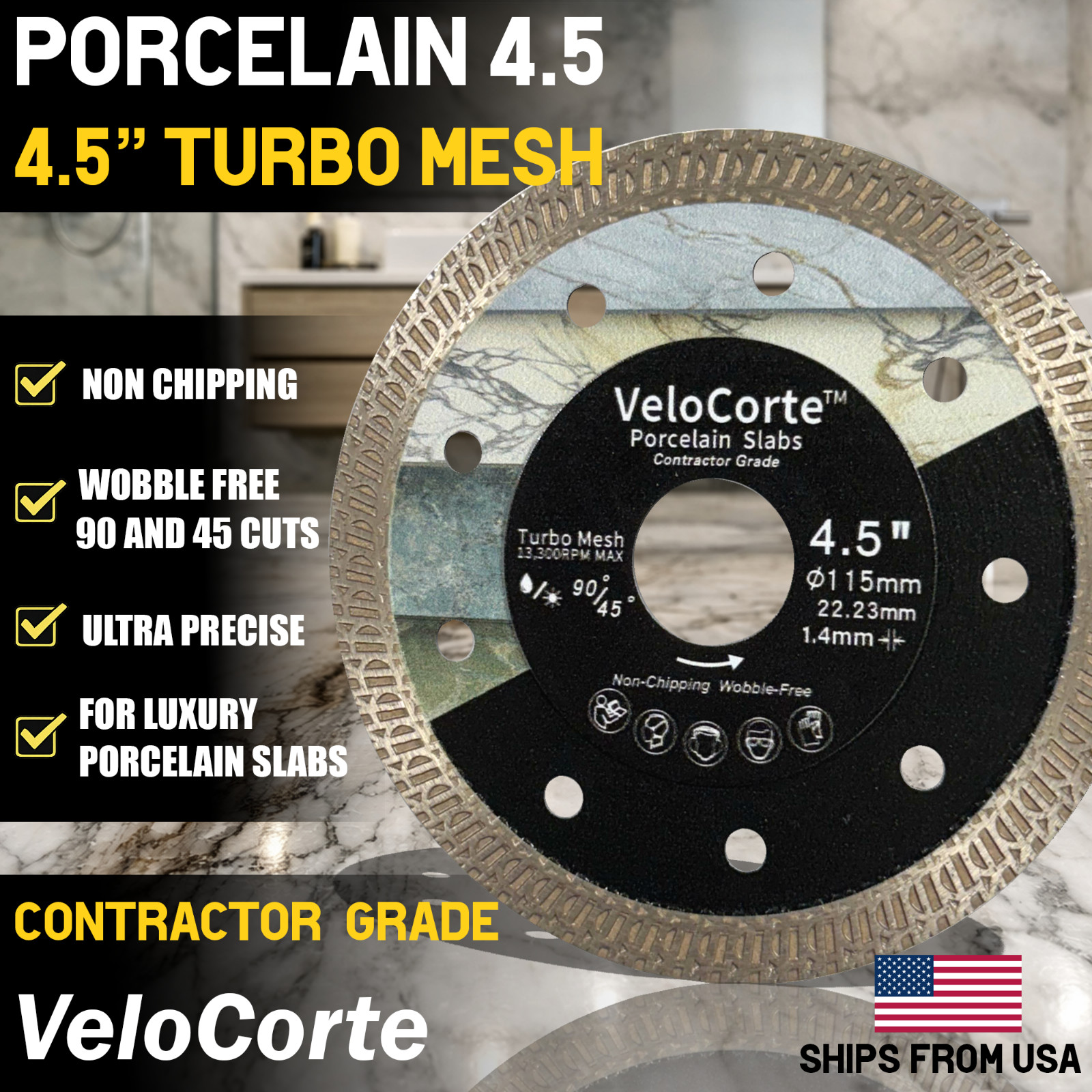 VeloCorte 4.5" Turbo Mesh Diamond Tile Saw Blade - Porcelain, Ceramic, Dekton