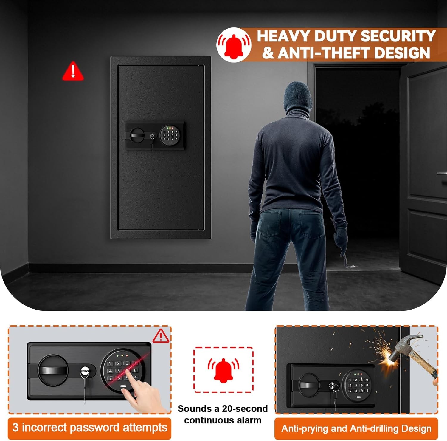 Pelinix Fireproof Wall Safe Between Studs Heavy Duty Digital Keypad 2-Shelf