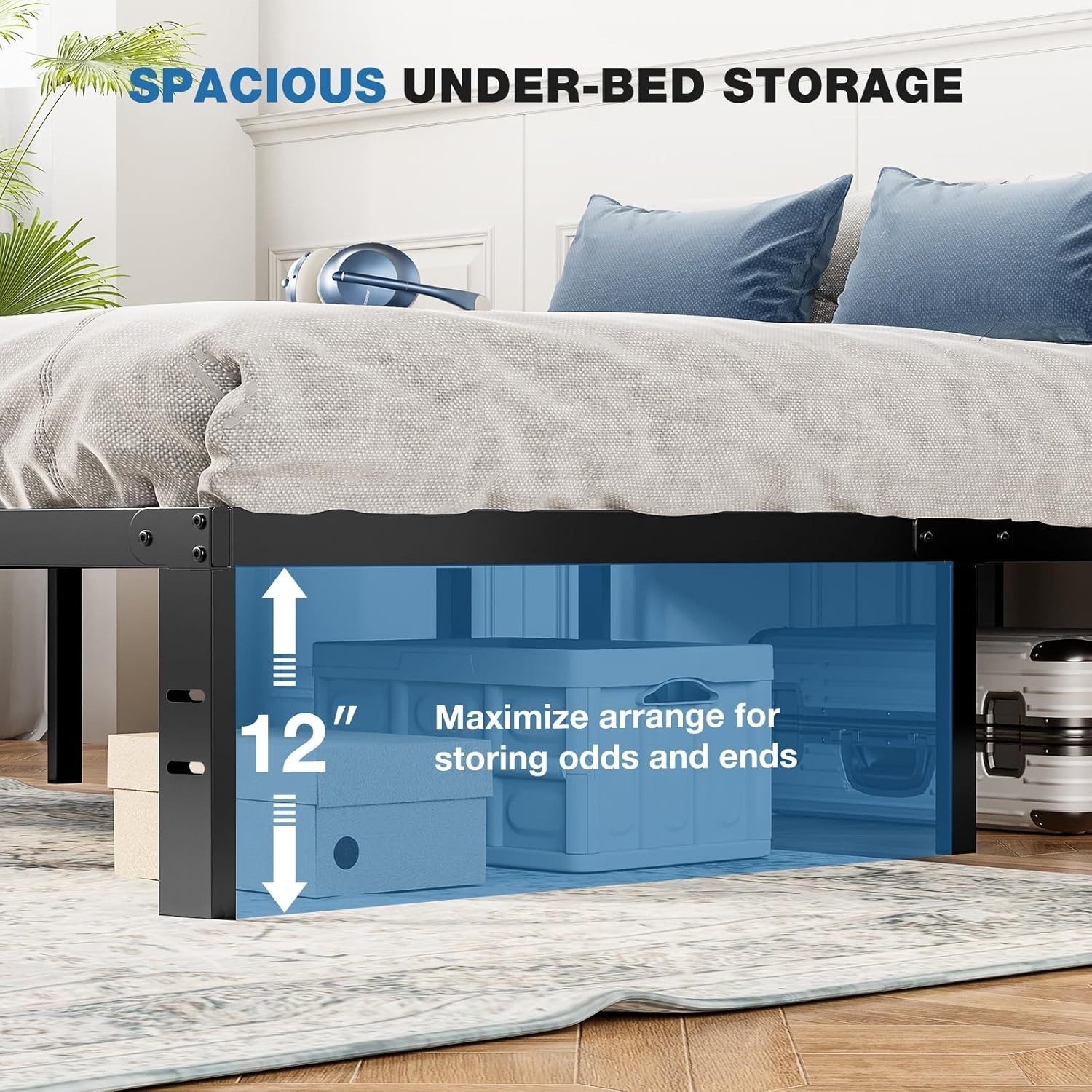 Heavy Duty Metal Queen Bed Frame with Under-Bed Storage, No Box Spring Needed...