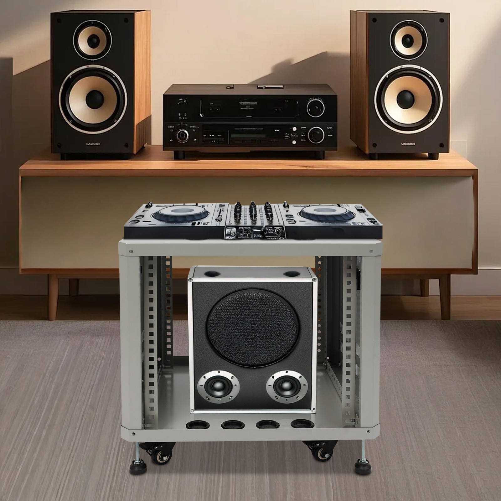 9U Audio Rack Stand Studio Rack Server Rack Audio Holder With Wheels Rectangle ﻿